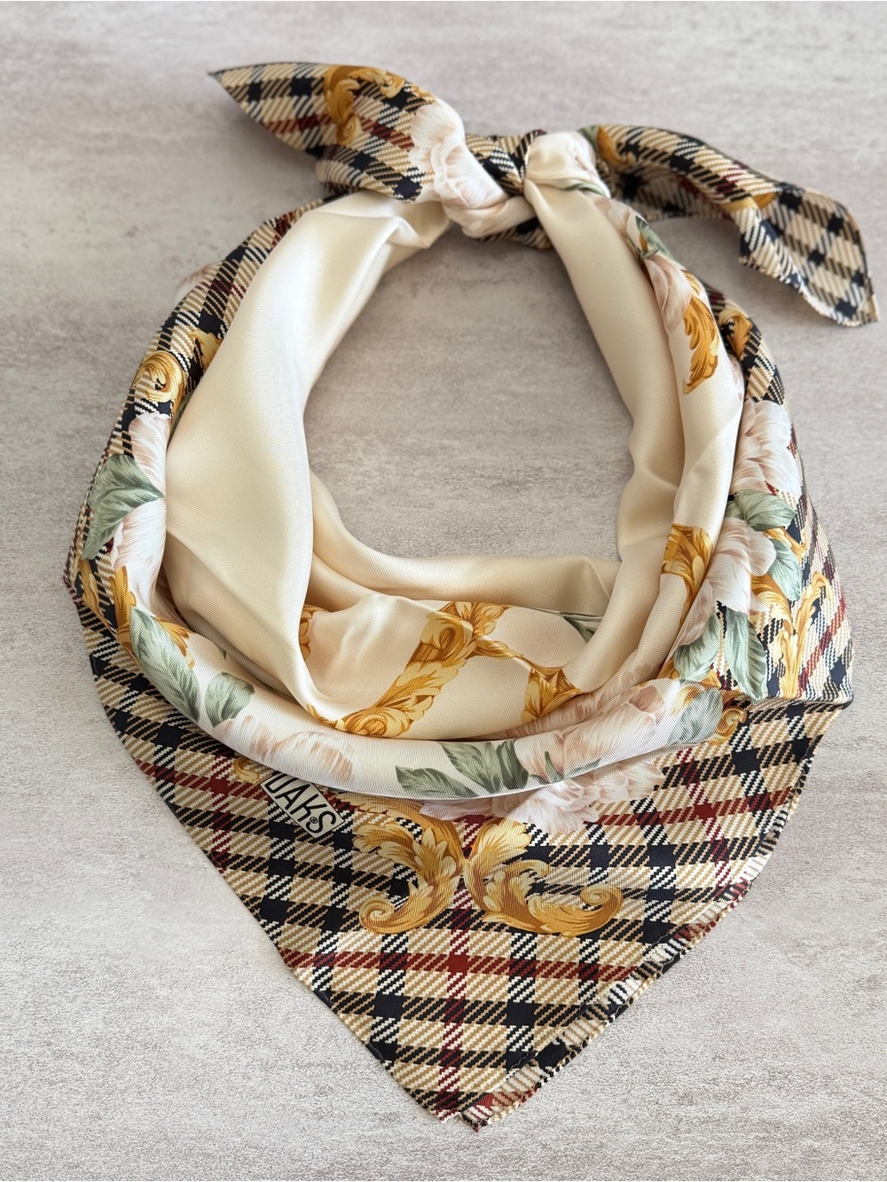 DAKS Cream Silk Scarf with Gold Logo and Floral Border